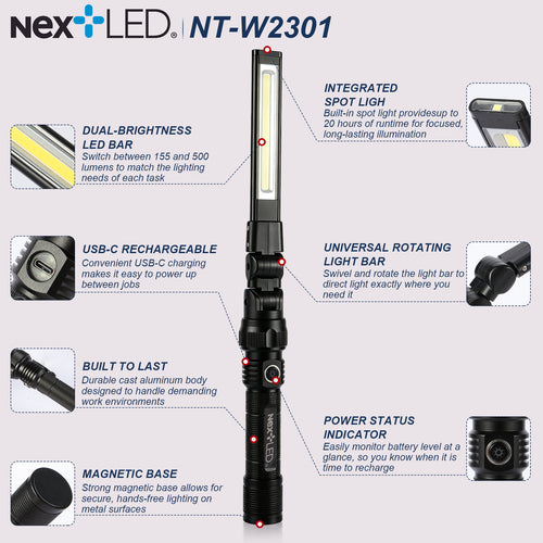 (NEW) NT-W2301 500 Lumen Folding Rechargeable Slim Bar Work Light